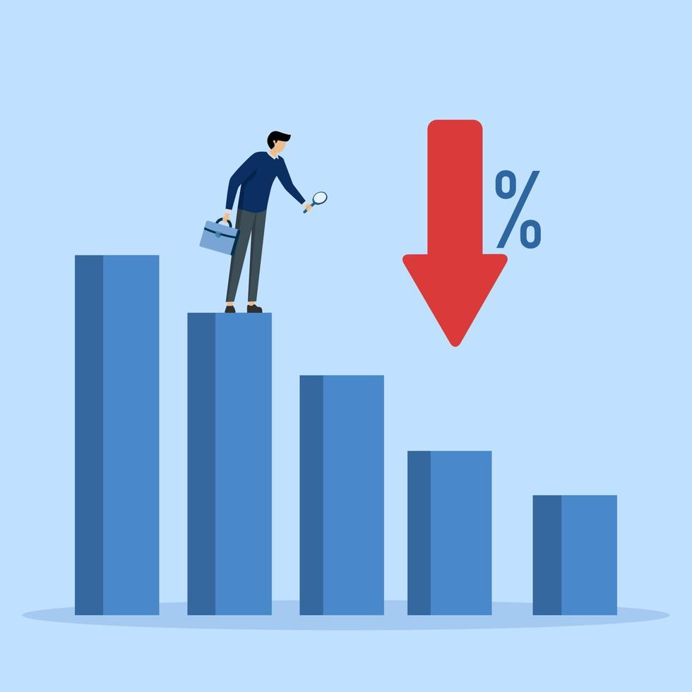 o negócio declínio conceito, homem de negocios analisando declínio gráfico e Barra gráfico. perda ou reduzido lucros, investimento previsão econômico recessão, negativo retorna, reduzido preços ou financeiro declínio. vetor