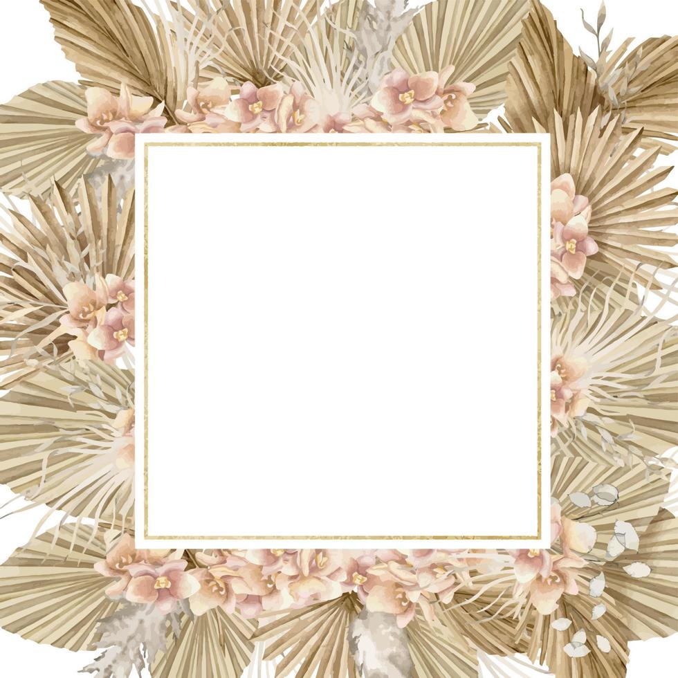 floral quadro, Armação com seco Palma folhas e orquídea flores dentro boho estilo. aguarela quadrado tropical fronteira. mão desenhado modelo para boêmio cumprimento cartões ou Casamento convites em isolar fundo vetor