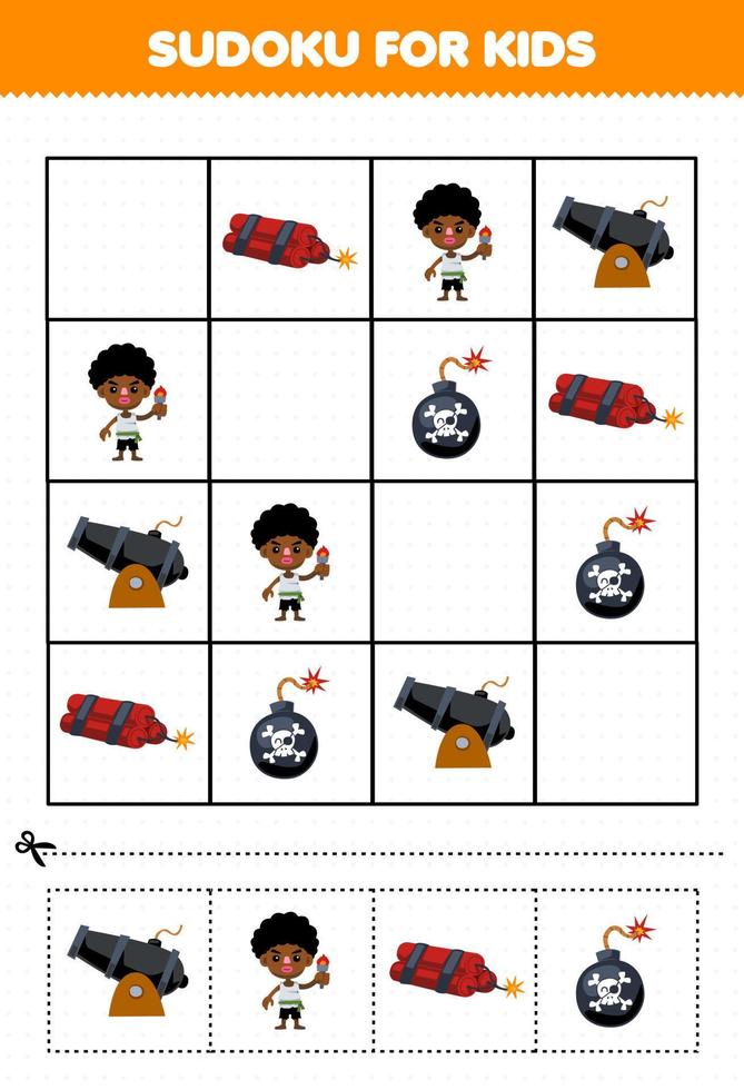 Educação jogos para crianças sudoku para crianças com fofa desenho animado canhão Garoto dinamite bombear imprimível pirata planilha vetor