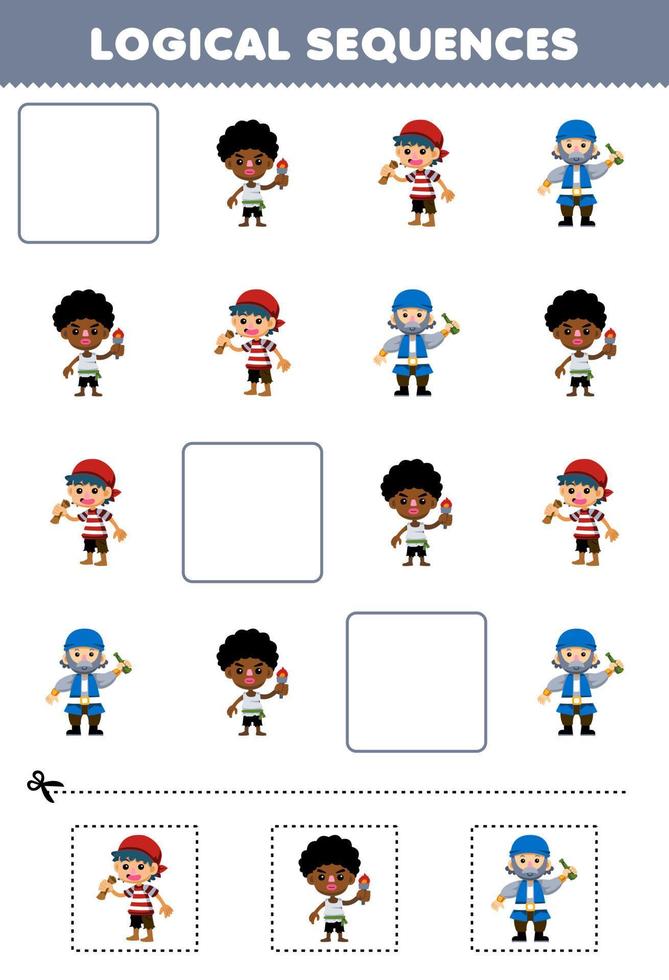 Educação jogos para crianças lógico sequências para crianças com fofa desenho animado Garoto criança e velho homem pirata equipe técnica imprimível pirata planilha vetor