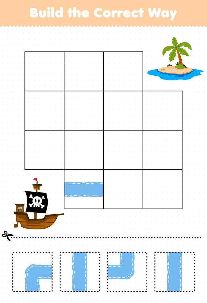 Educação jogos para crianças Construir a corrigir caminho Socorro fofa desenho animado navio mover para ilha imprimível pirata planilha vetor