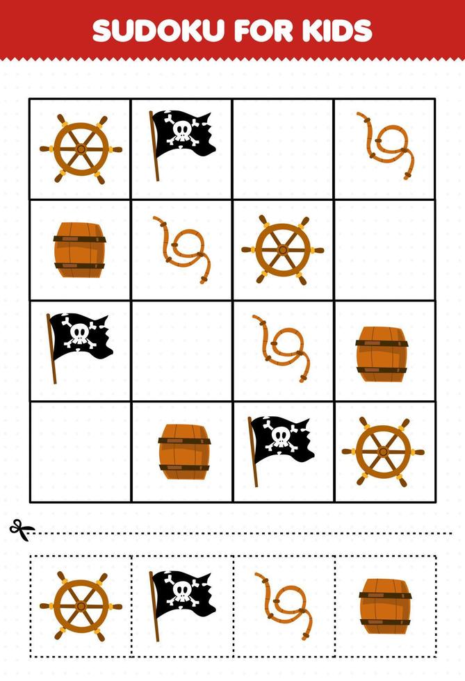 Educação jogos para crianças sudoku para crianças com fofa desenho animado roda bandeira corda barril imprimível pirata planilha vetor