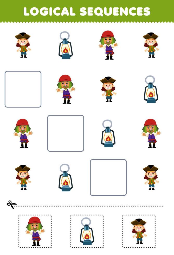 Educação jogos para crianças lógico sequências para crianças com fofa desenho animado Garoto homem e lanterna imprimível pirata planilha vetor