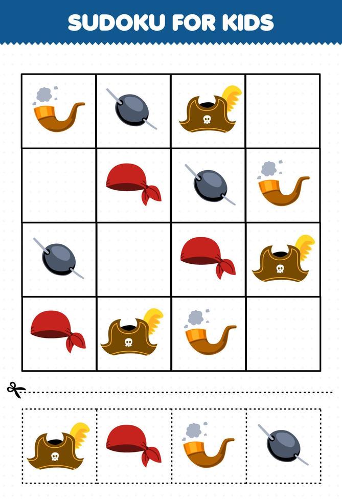 Educação jogos para crianças sudoku para crianças com fofa desenho animado chapéu bandana tubo olho fragmento imprimível pirata planilha vetor