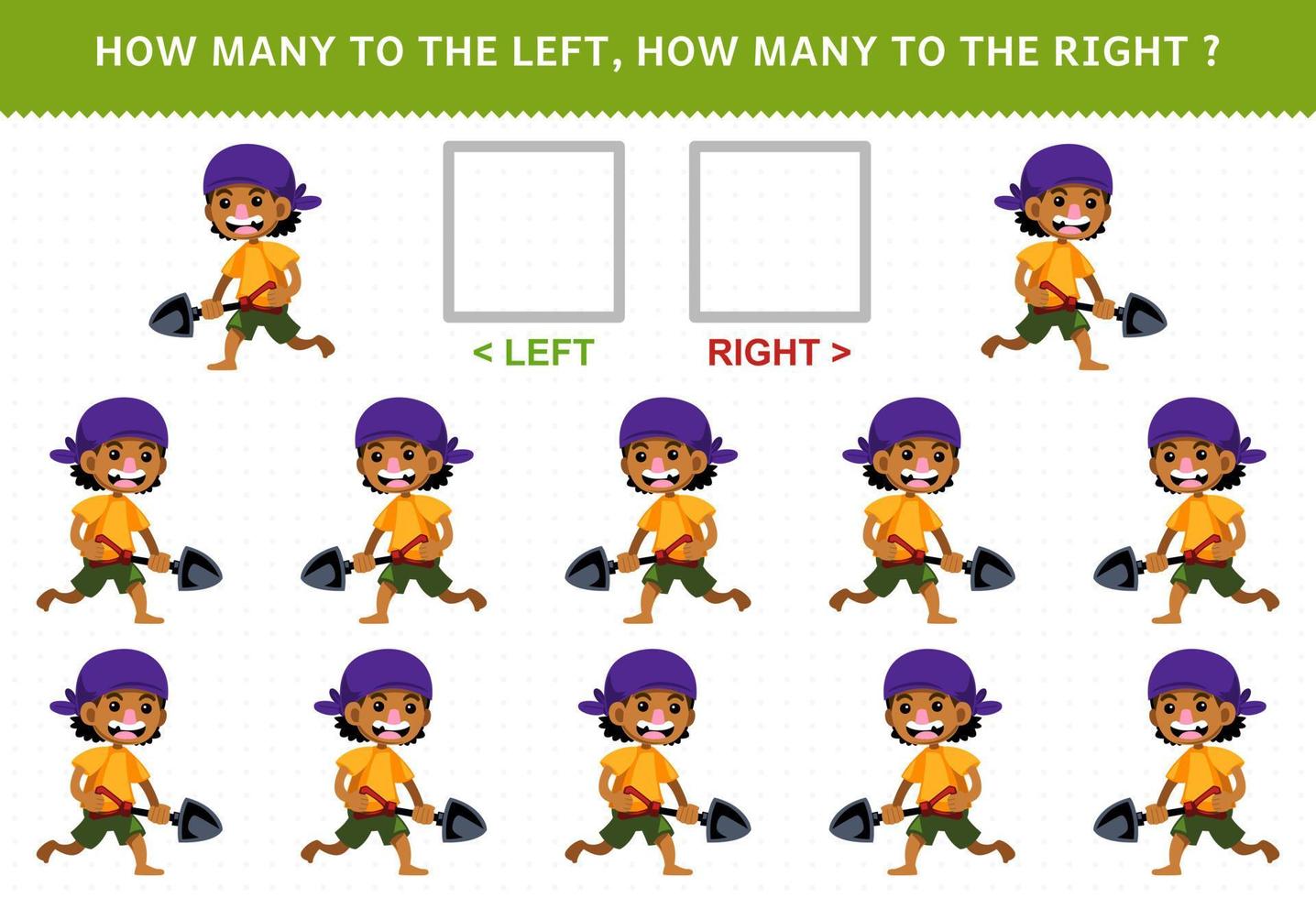 Educação jogos para crianças do contando esquerda e certo cenário do fofa desenho animado Garoto segurando pá imprimível pirata planilha vetor