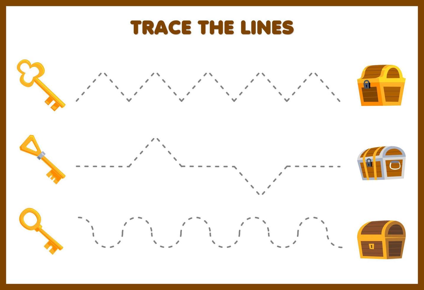 Educação jogos para crianças caligrafia prática vestígio a linhas com fofa desenho animado chave mover para Tesouro peito pirata planilha vetor