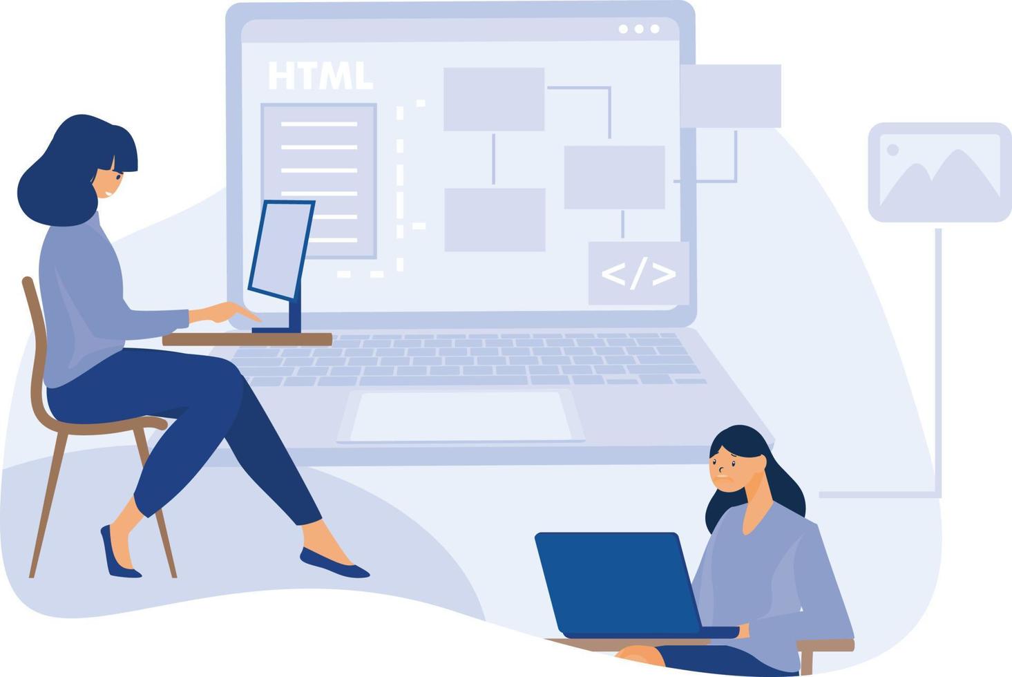 Programas e a parte dianteira desenvolvimento conceito, html5 local na rede Internet desenvolvimento, vestível Móvel aplicativo, acelerado Móvel Páginas, responsivo aterrissagem projeto, plano vetor moderno ilustração