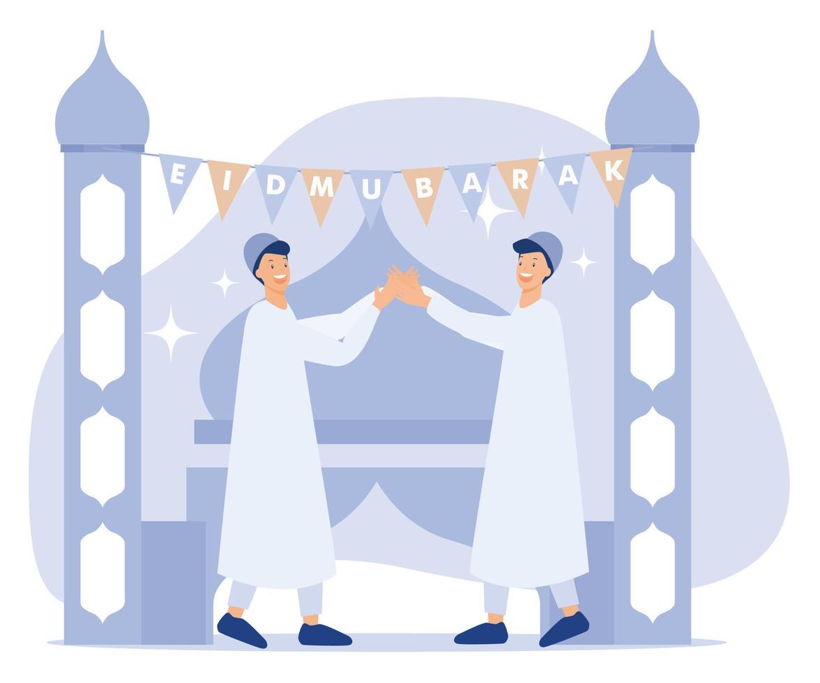 caligrafia do eid Mubarak texto com homens segurando mãos cada outro, mesquita fundo. plano vetor moderno ilustração