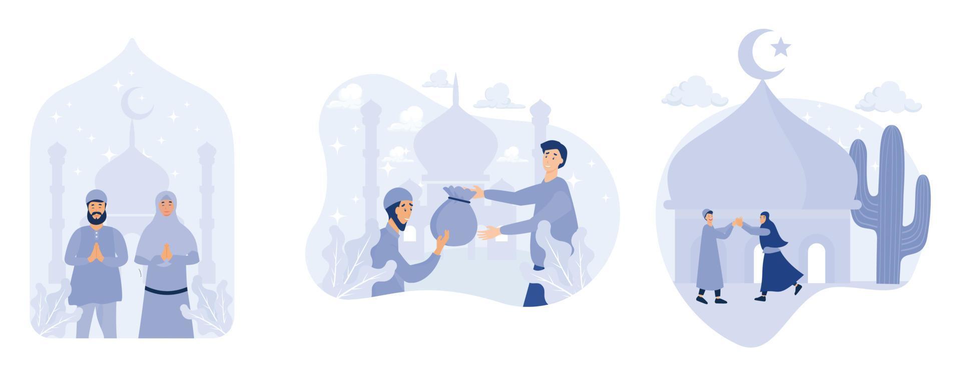 perdoar mim corpo e alma, pessoas dando zakat, feliz Ramadã e eid fitr conceito, conjunto plano vetor moderno ilustração