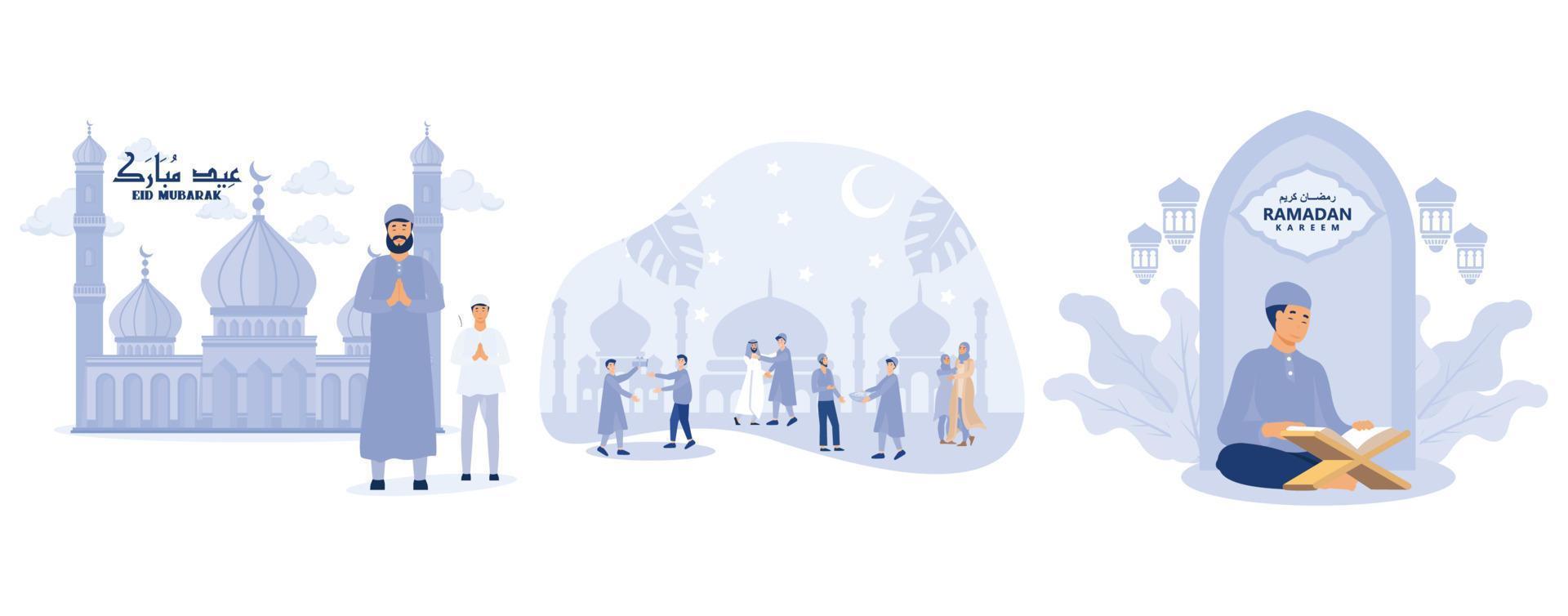 cumprimento eid mubarak, Ramadã kareem, islâmico feriado fundo, conjunto plano vetor moderno ilustração