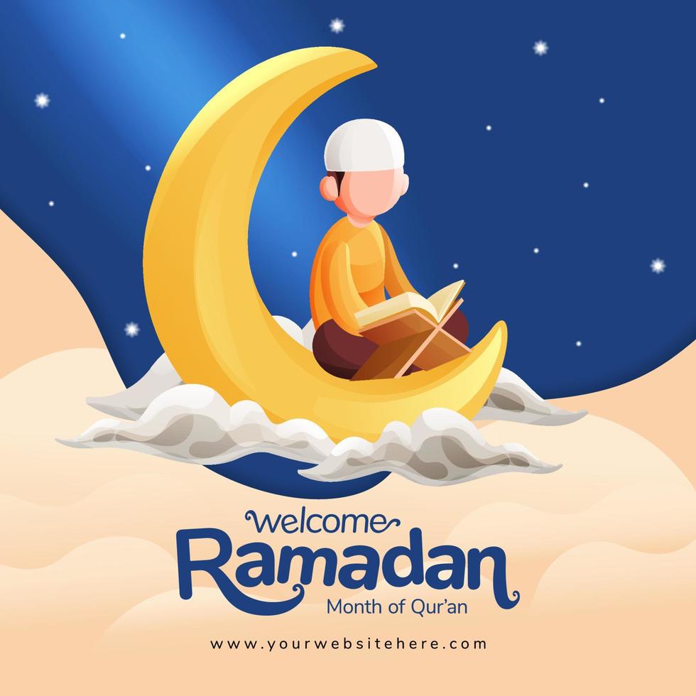 Ramadã cumprimento quadrado social meios de comunicação postar modelo com muçulmano homem lendo Alcorão em crescente lua ilustração vetor