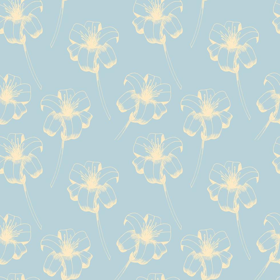 daylily vetor desatado padronizar. mão desenhado flores do dia lírio em luz azul fundo. Projeto para Casamento decoração, papeis de parede, cortinas, têxtil, invólucro papel. retro padronizar.