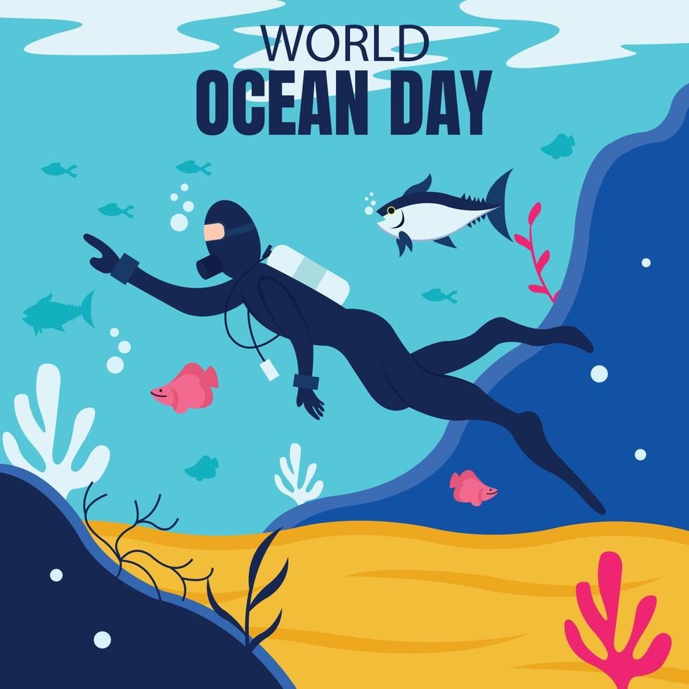 ilustração vetor gráfico do uma mergulhador mergulho embaixo da agua, perfeito para internacional dia, mundo oceano dia, comemoro, cumprimento cartão, etc.