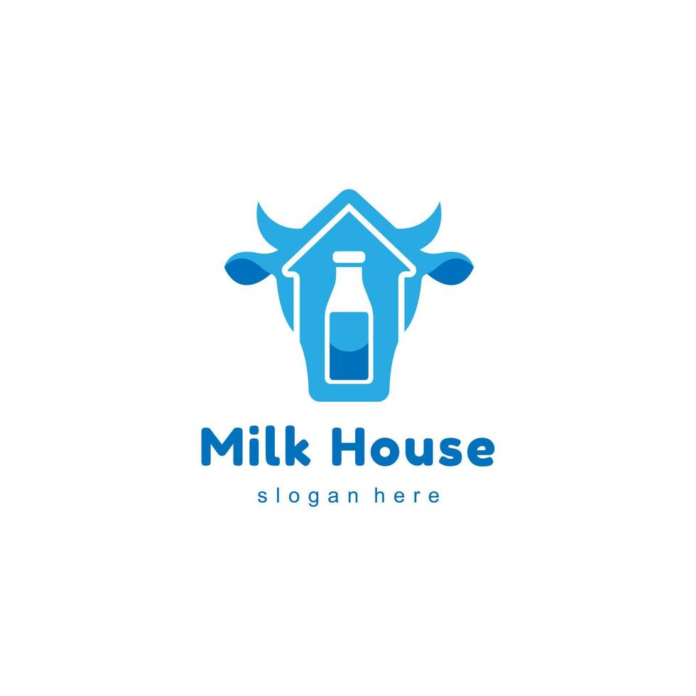 leite casa logotipo conceito com silhuetas do leite garrafas, fazendas e vaca dentro azul cores vetor