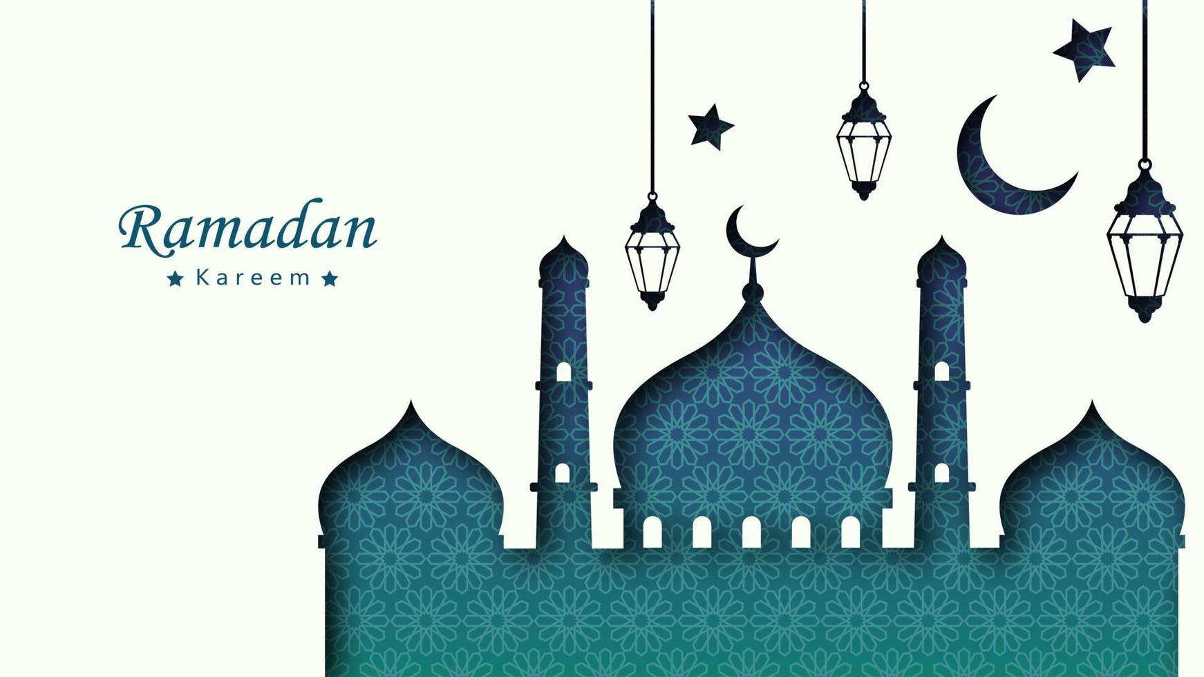 Ramadã kareem fundo bandeira dentro azul com papel cortar estilo, islâmico fundo vetor