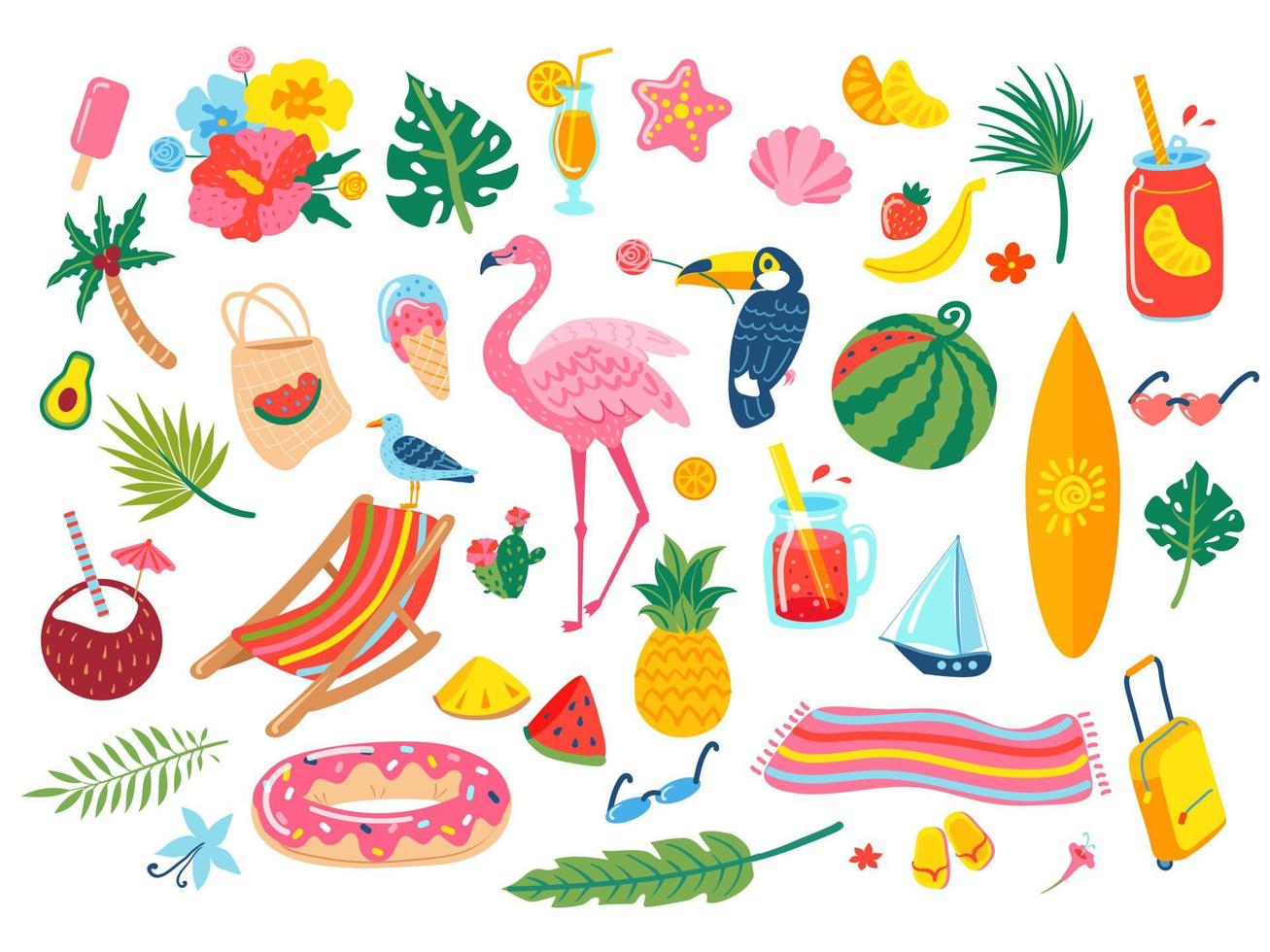 verão elementos. coquetel bebidas, refrigerante, tropical folhas, flores, abacaxi, melancia, flamingo, tucano. mão desenhado de praia período de férias rabisco vetor conjunto