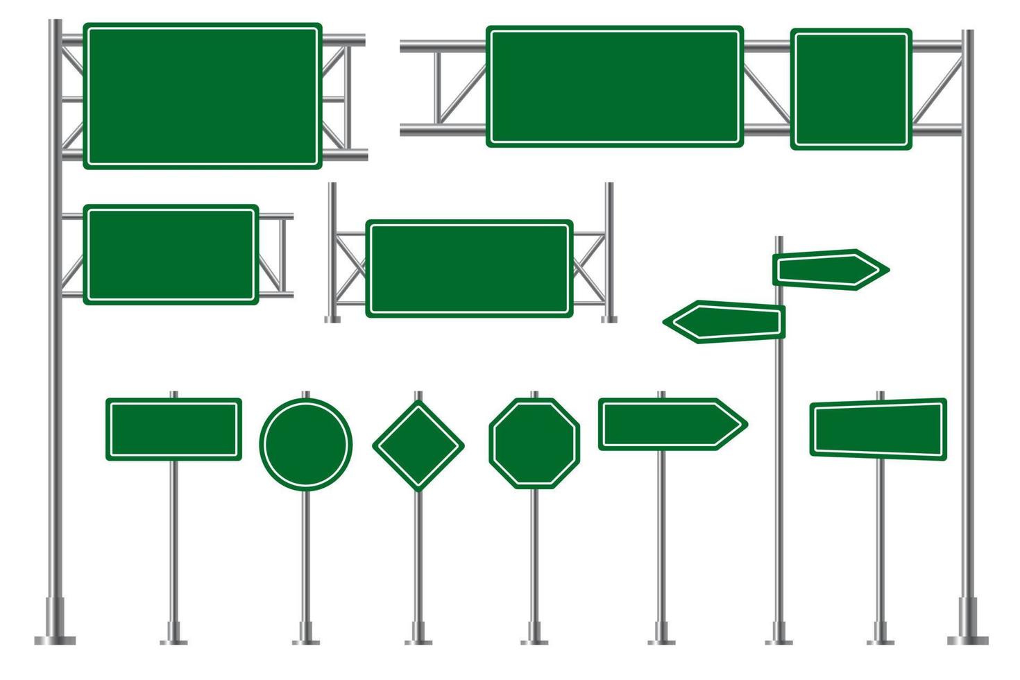 estrada placa. verde rodovia tráfego Pranchas, rota direção placas de sinal. em branco Painel publicitário e seta em formação sinalização vetor 3d isolado conjunto