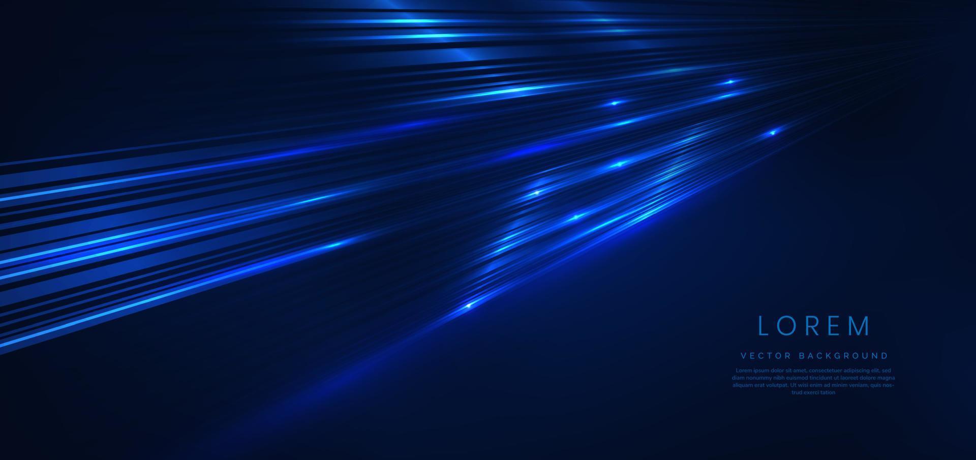 linhas de luz azuis brilhantes futuristas de tecnologia abstrata com efeito de desfoque de movimento de velocidade em fundo azul escuro. vetor