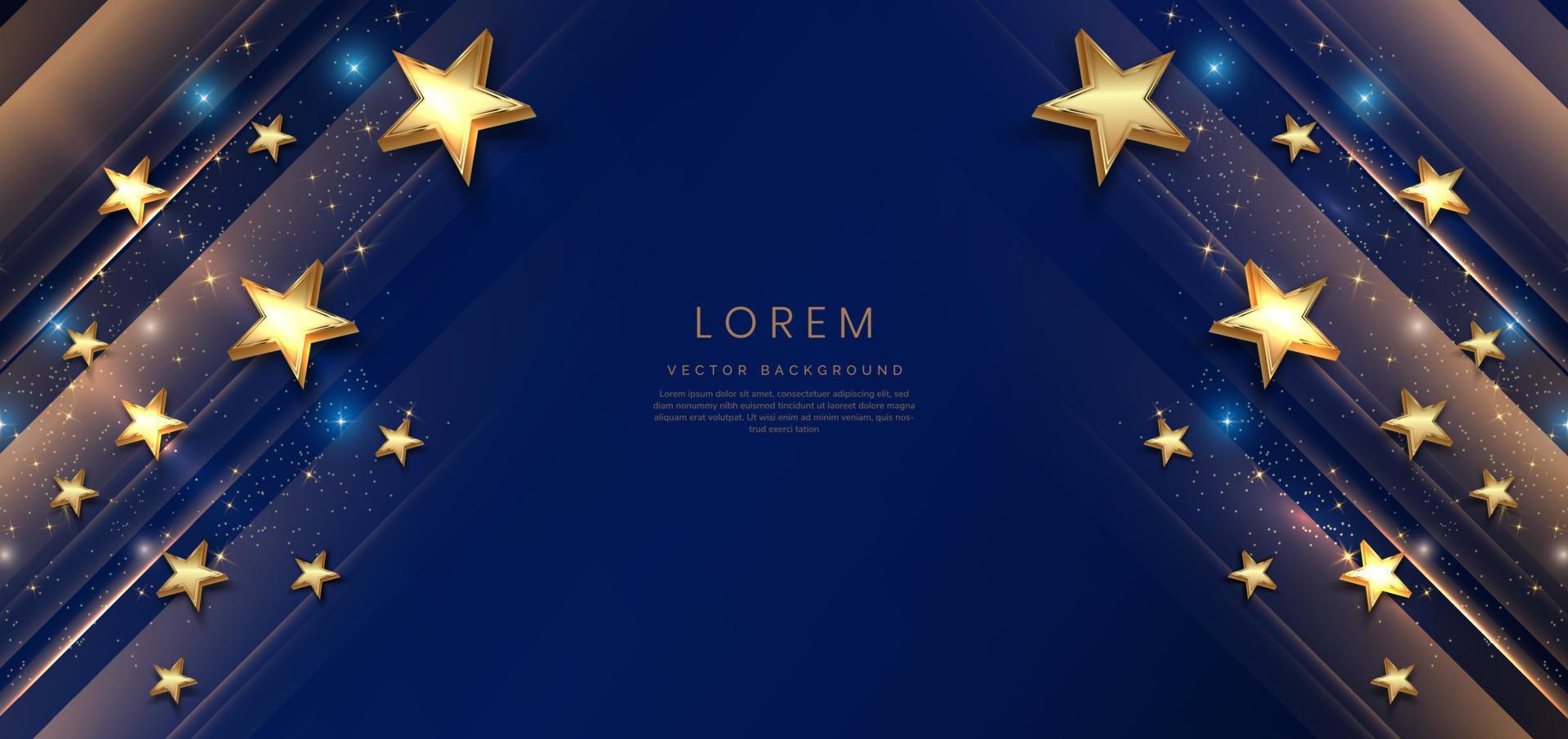 abstrato luxo dourado estrelas em Sombrio azul fundo com iluminação efeito e brilho. modelo Prêmio prêmio Projeto. vetor