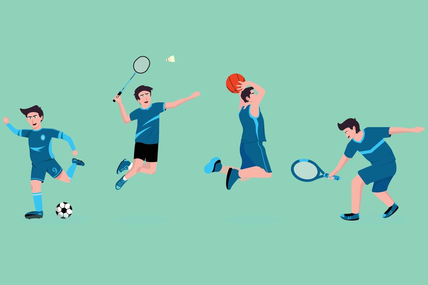 vetor homens fazendo Esportes, futebol, badminton, basquetebol e tênis