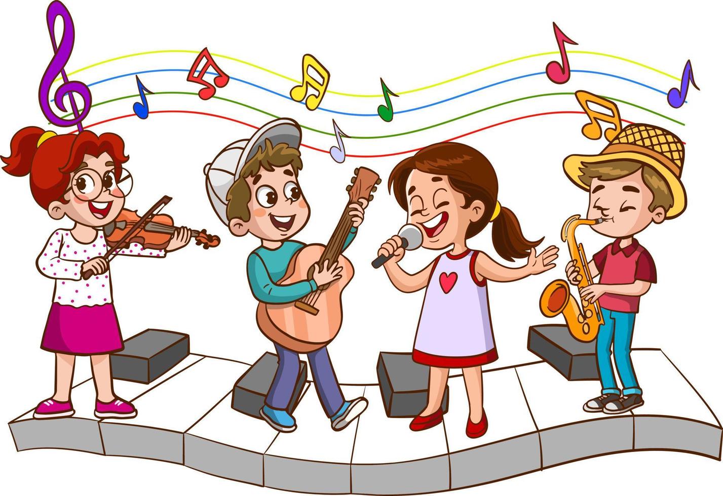 desenho animado grupo do crianças cantando e dançando dentro a escola coro vetor