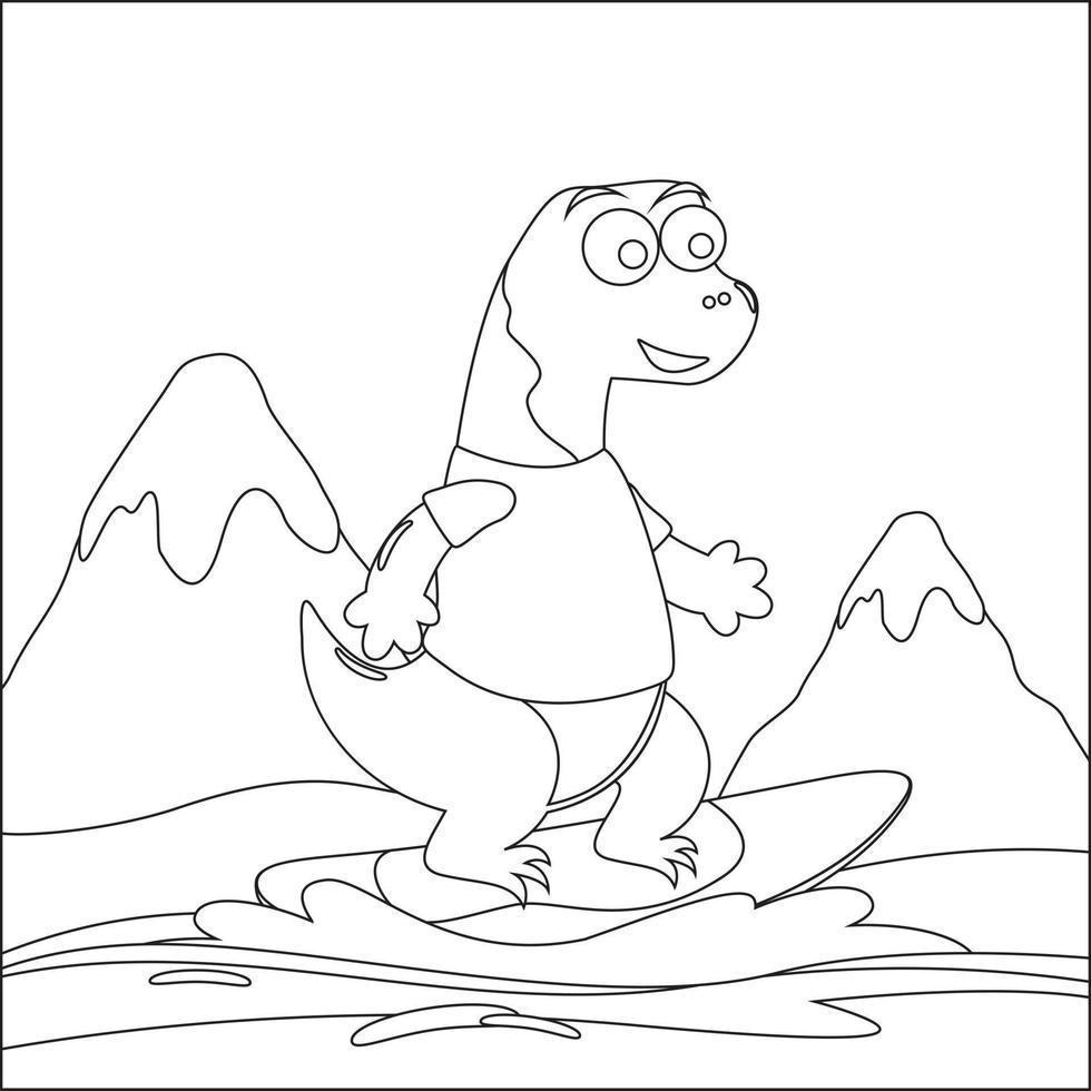 vetor ilustração do surfar Tempo com fofa pequeno dinossauros às verão. infantil Projeto para crianças atividade coloração livro ou página.