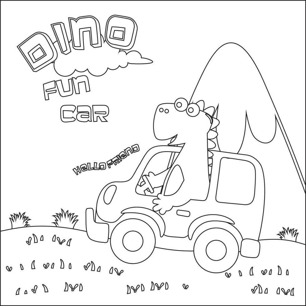 fofa dinossauro dirigindo uma carro ir para floresta engraçado animal desenho animado. infantil Projeto para crianças atividade coloração livro ou página. vetor