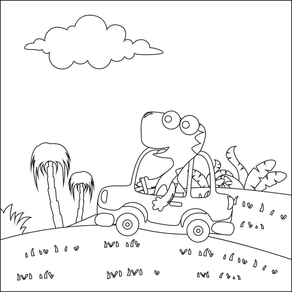 fofa dinossauro dirigindo uma carro ir para floresta engraçado animal desenho animado. infantil Projeto para crianças atividade coloração livro ou página. vetor