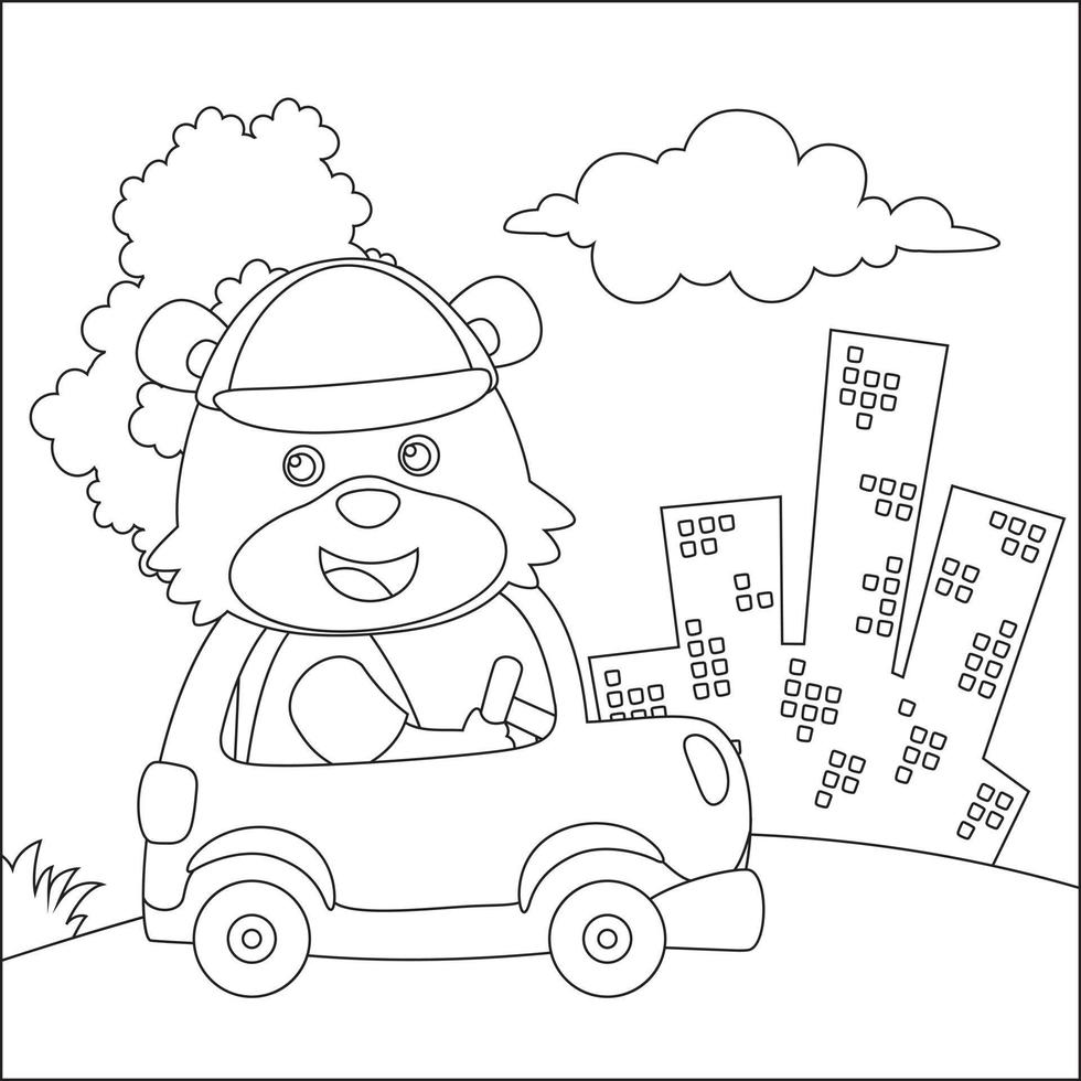 vetor desenho animado do engraçado Urso dirigindo carro dentro a estrada. pode estar usava para camiseta impressão, infantil Projeto para crianças atividade coloração livro ou página.