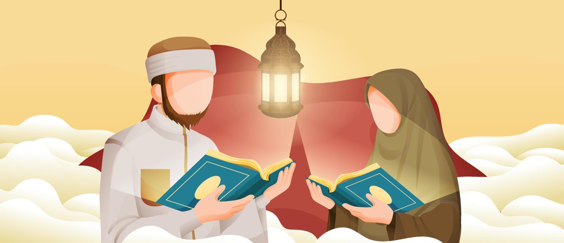 muçulmano homem e mulher lendo Alcorão ou qur'an dentro Ramadã kareem piedosos mês com crescente lua e estrelas ilustração vetor