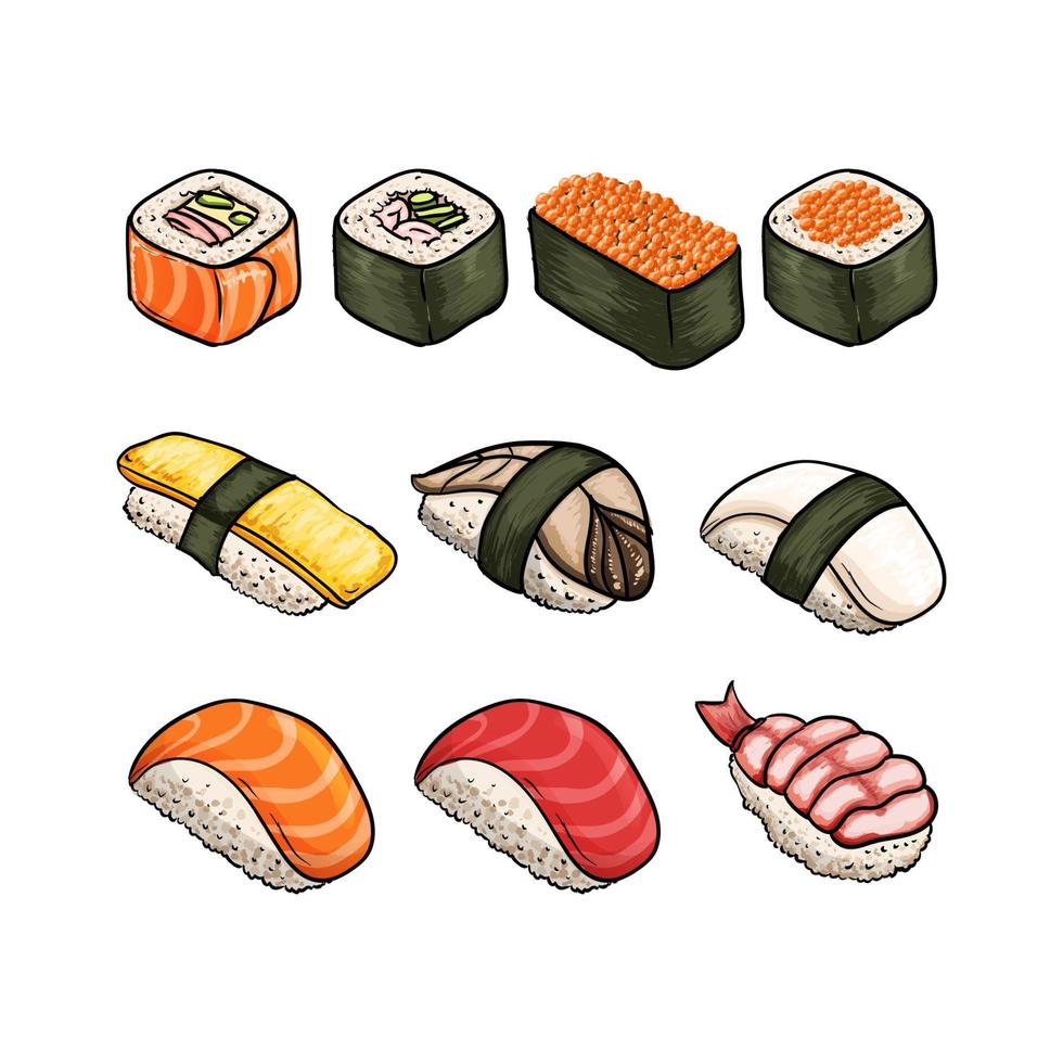 tradicional japonês Comida Sushi mão desenhado restaurante ilustração 2 vetor