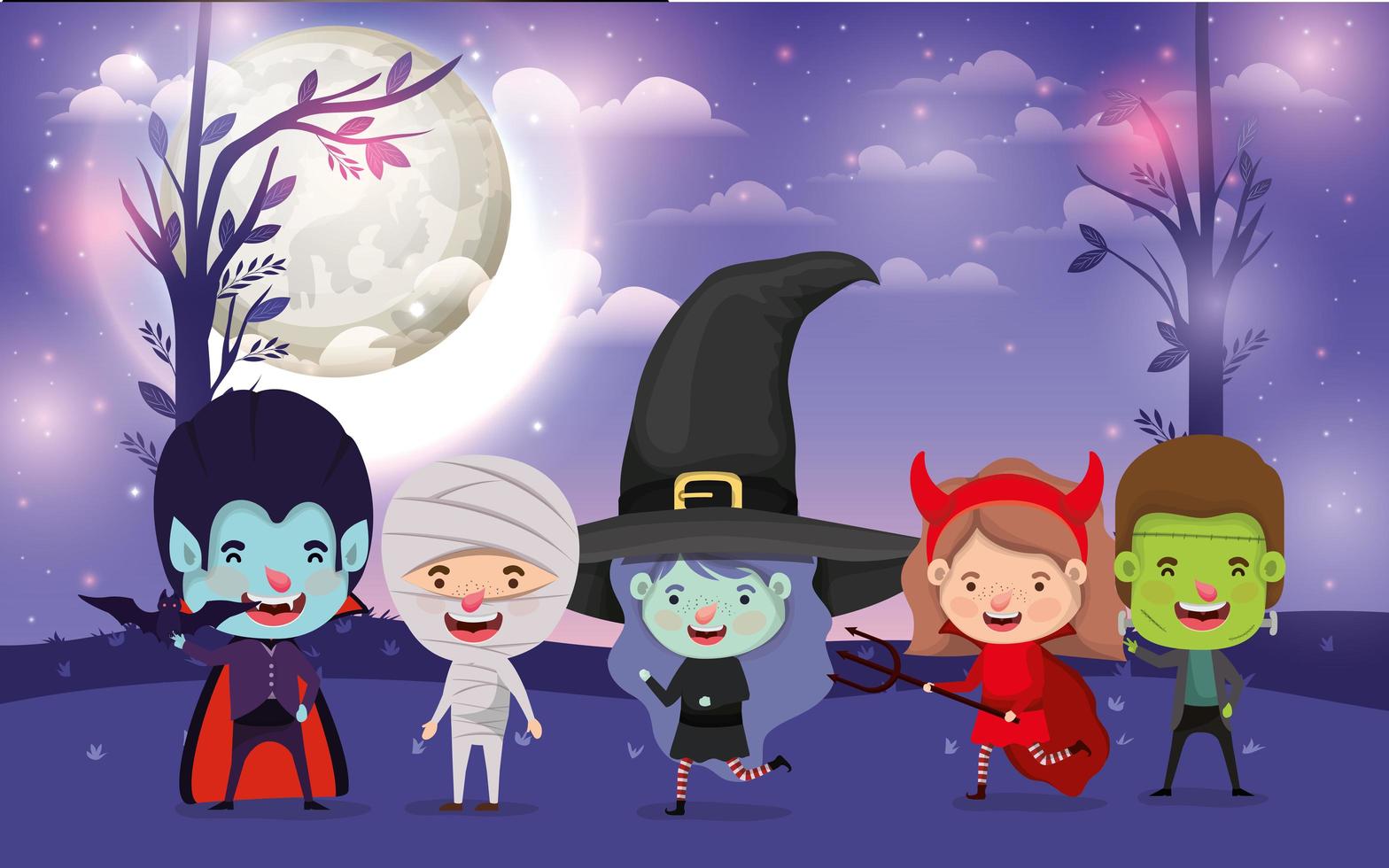 cartão de halloween com crianças fantasiadas para doces ou travessuras vetor