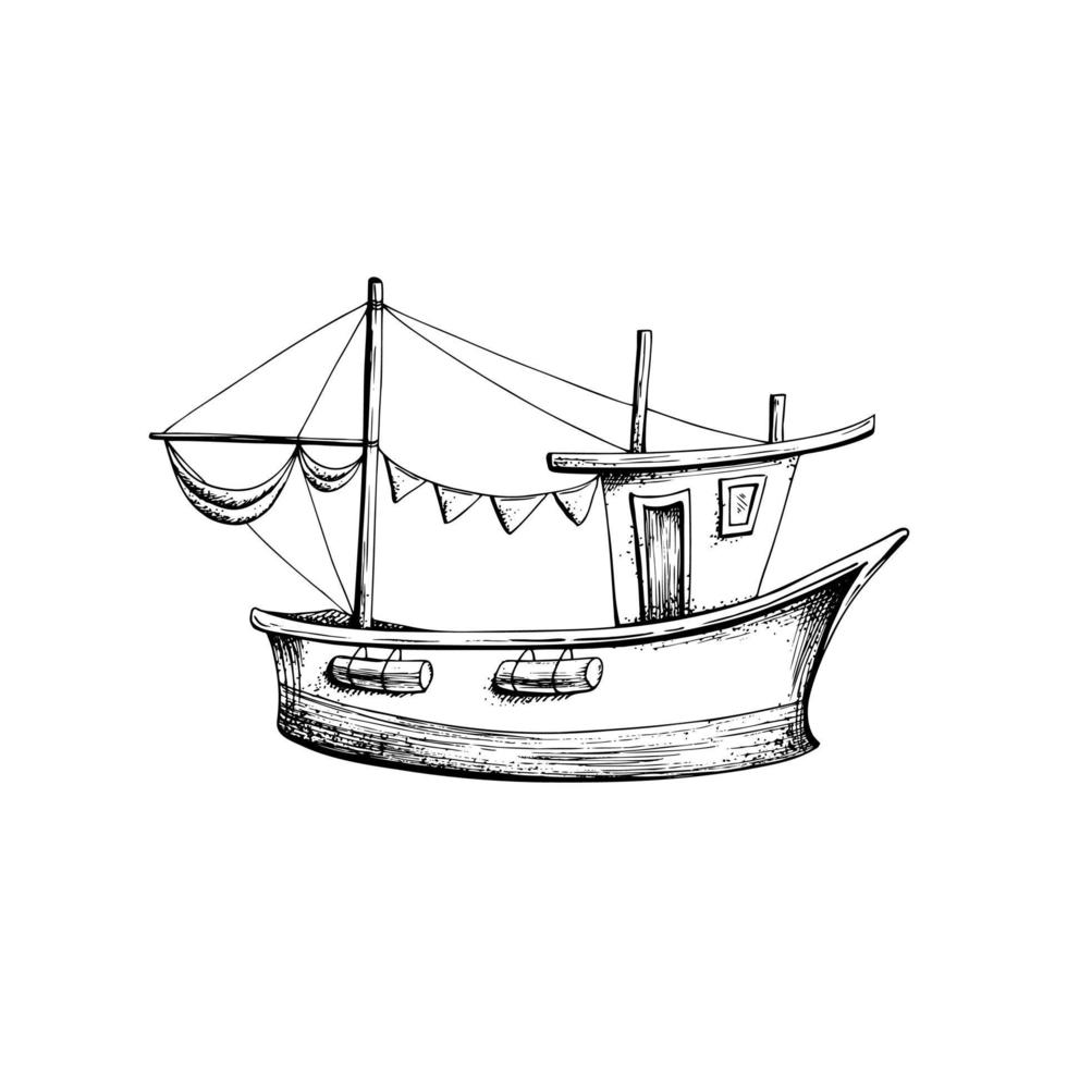 uma pequeno barco com uma mastro e guardada velas. isolado objeto desenhado de mão dentro gráfico técnica. vetor ilustração para verão, náutico e de praia decoração e Projeto.
