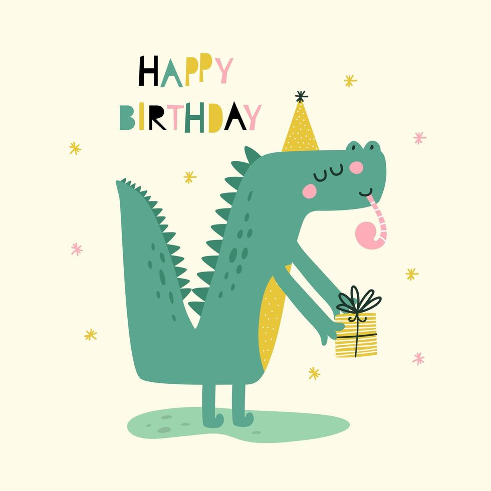 feliz aniversário cartão com fofa crocodilo. vetor ilustrações