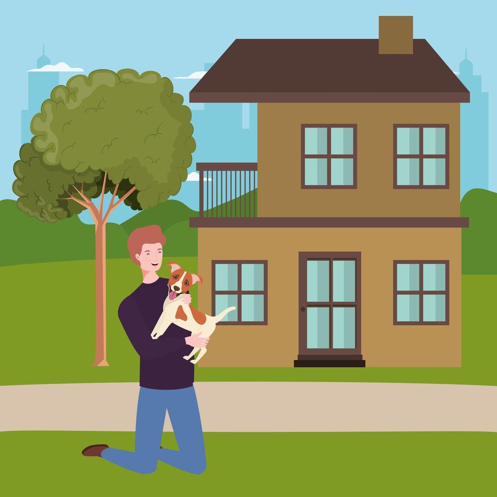 homem levantando mascote de cachorro na casa ao ar livre vetor