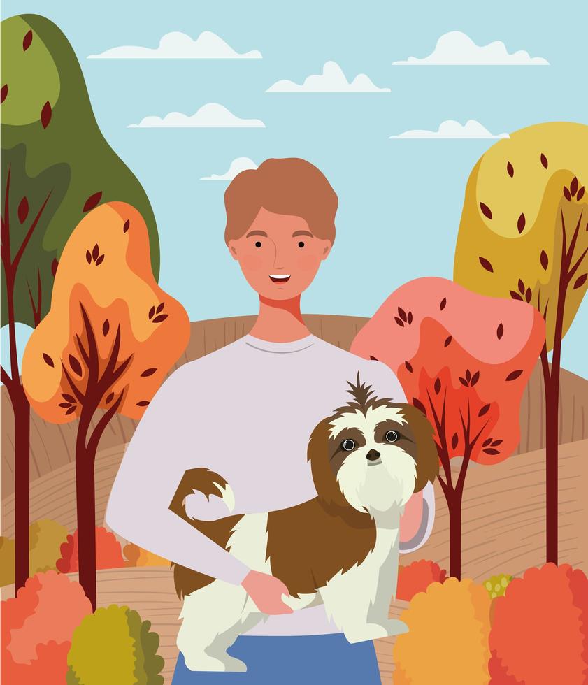 jovem com um cachorro fofo mascote no acampamento de outono vetor