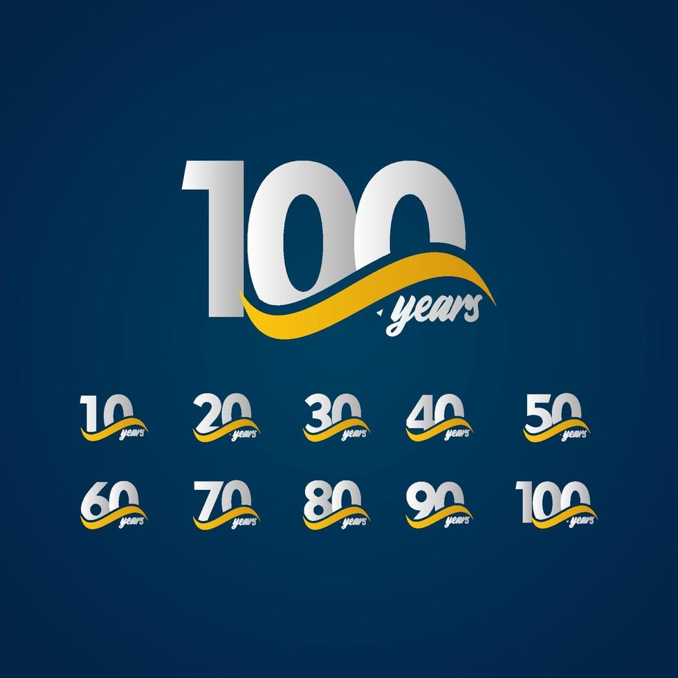100 anos de comemoração de aniversário ilustração de design de modelo de vetor de logotipo azul amarelo branco elegante