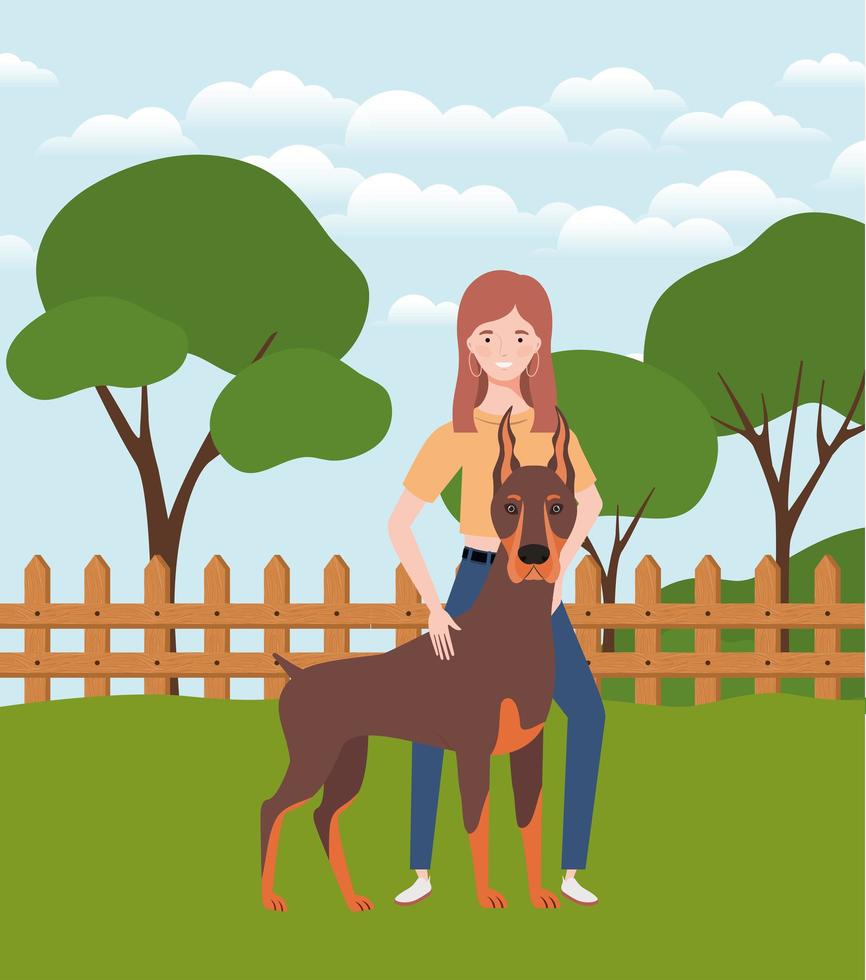 jovem mulher com cachorro fofo no campo vetor