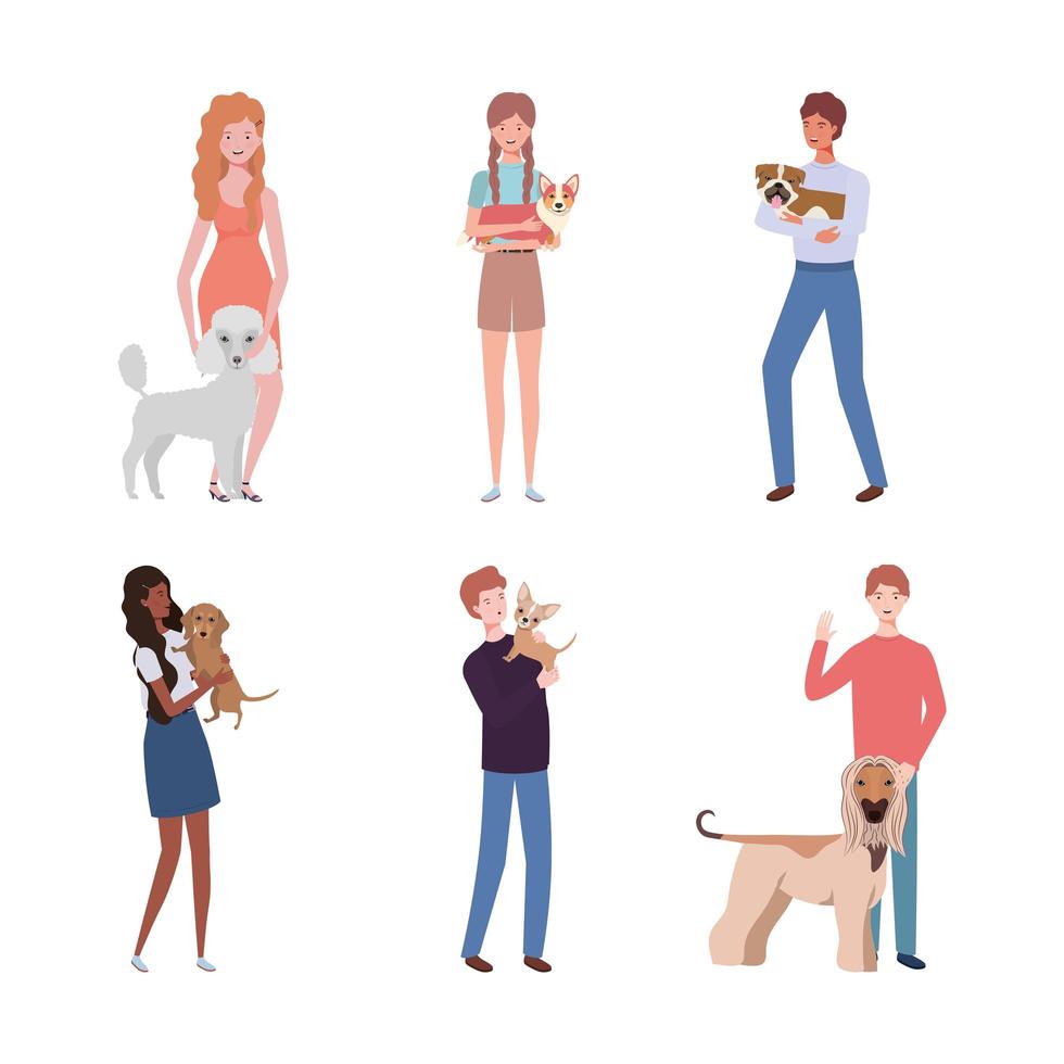 jovens com cachorros fofos mascotes personagens vetor