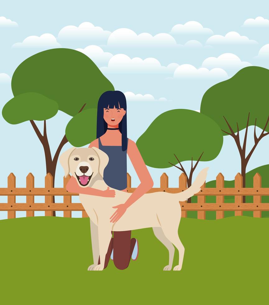 jovem mulher com cachorro fofo no campo vetor
