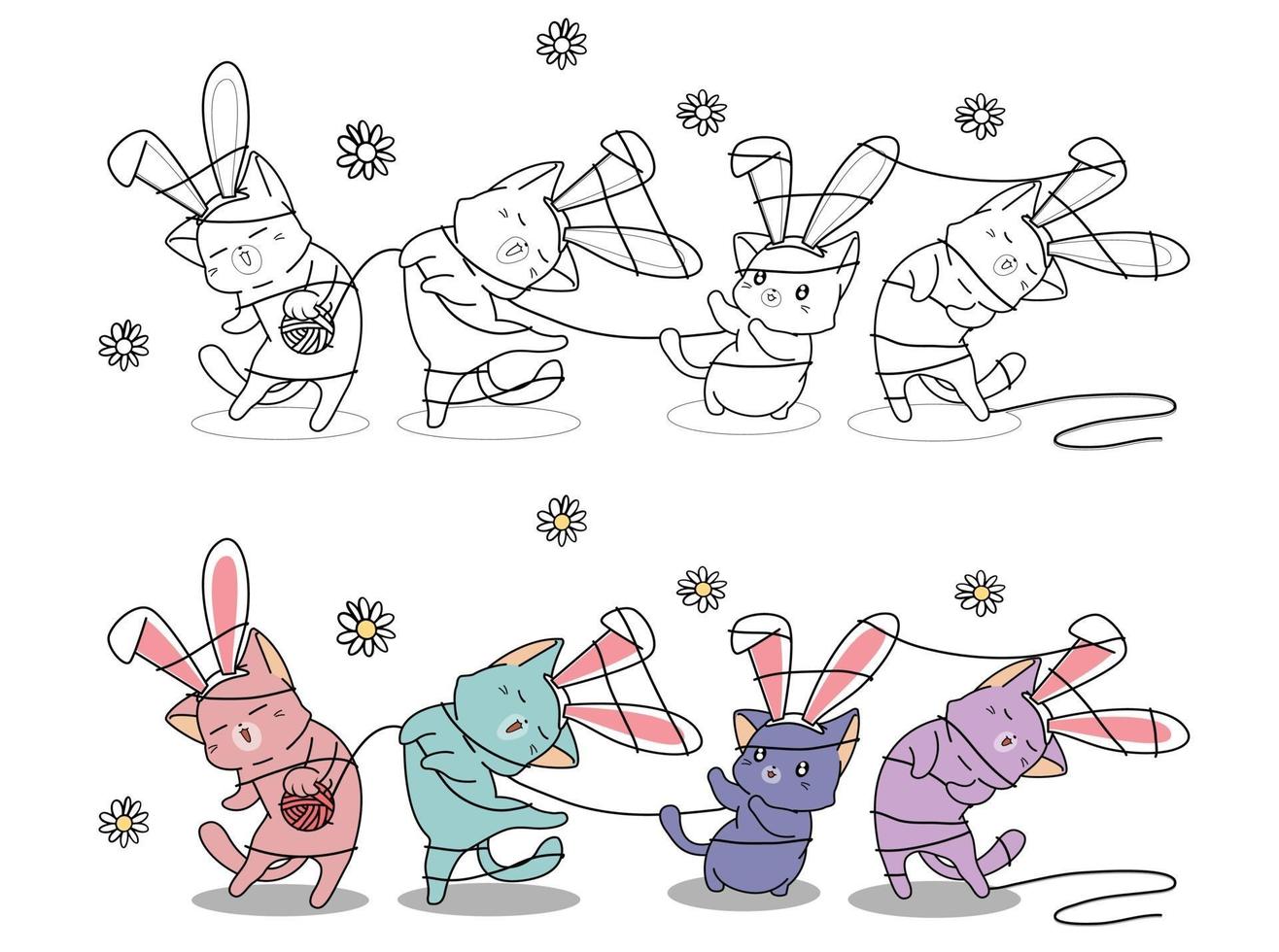 gatos coelhinhos enrolados em barbantes, página para colorir para crianças vetor