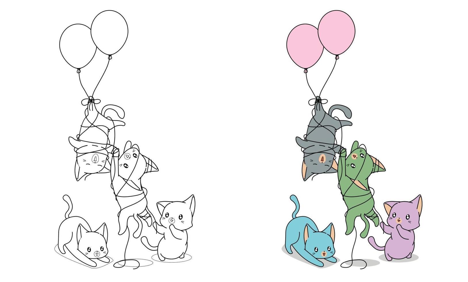 gatos travessos com balões para colorir para crianças vetor