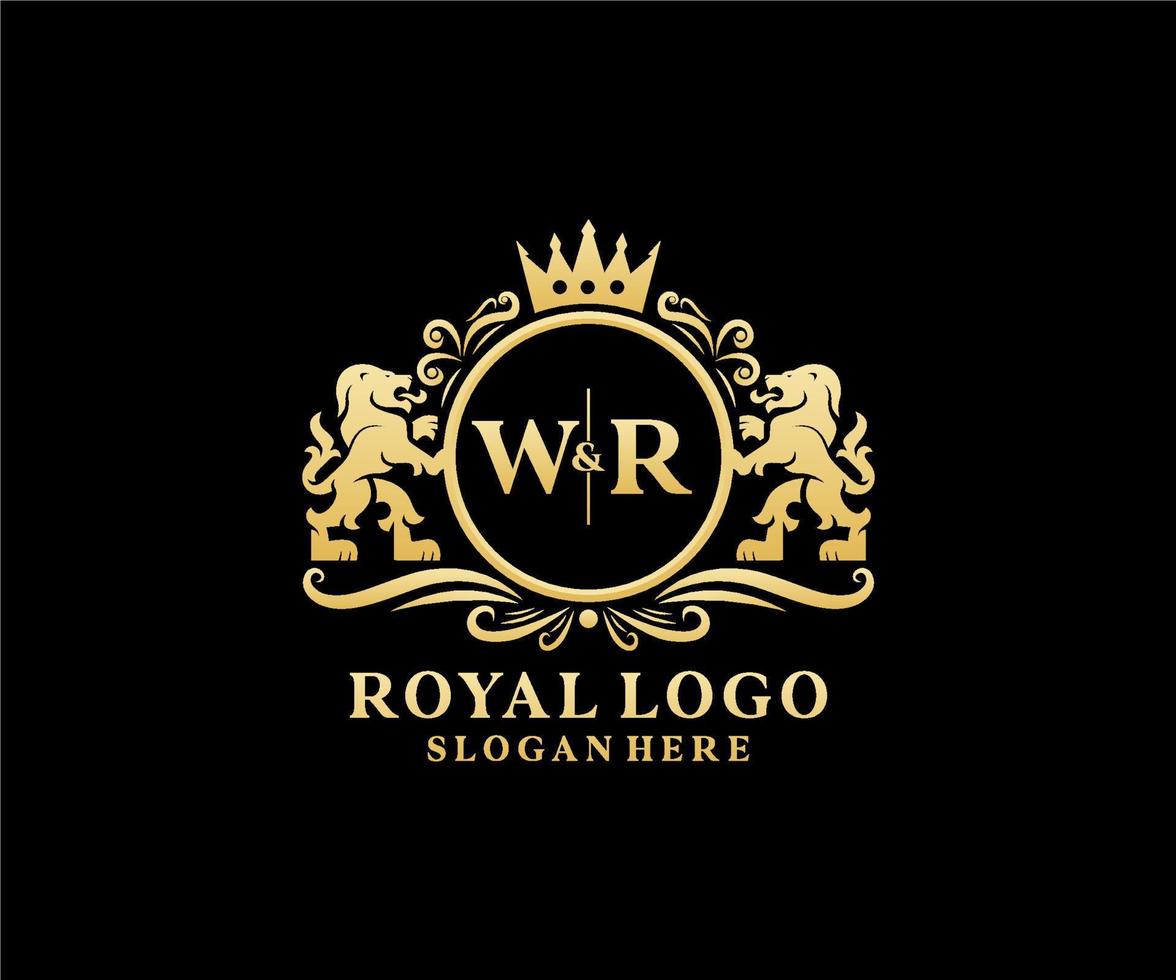 modelo de logotipo de luxo real de leão de carta inicial wr em arte vetorial para restaurante, realeza, boutique, café, hotel, heráldica, joias, moda e outras ilustrações vetoriais. vetor