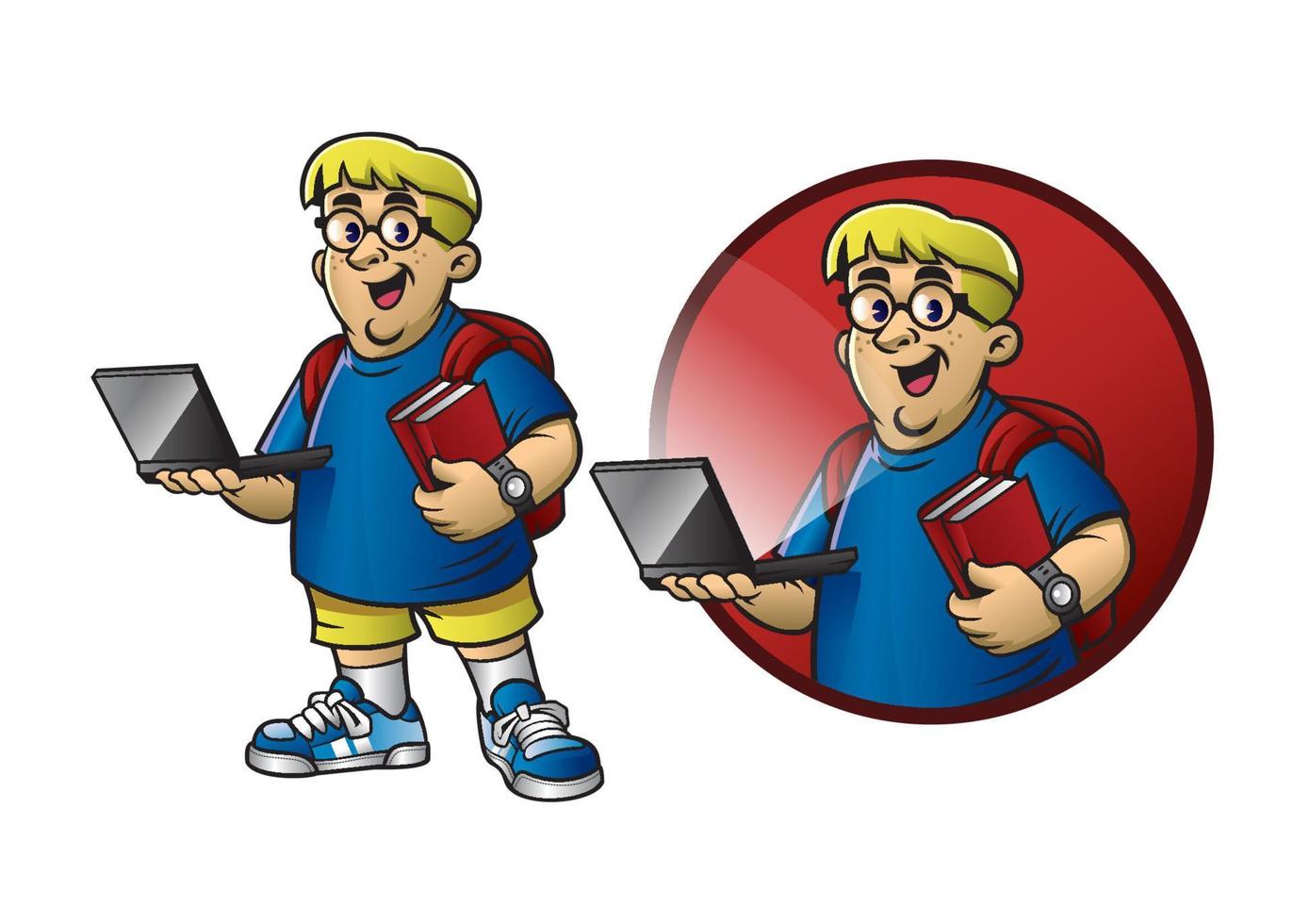 desenho animado do uma nerd Garoto trazer a computador portátil e livros vetor