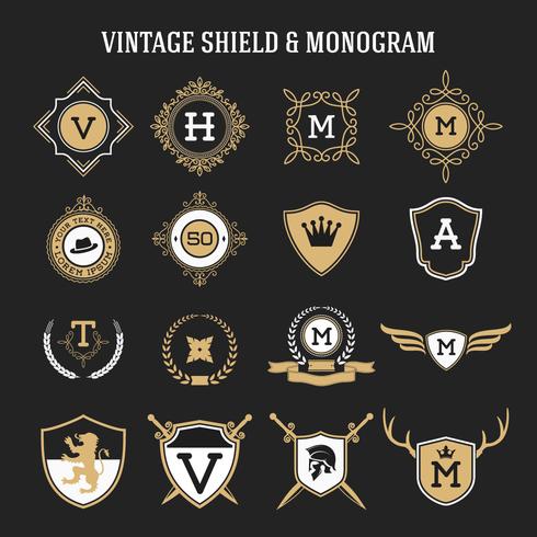conjunto de monograma vintage e elementos de escudo vetor
