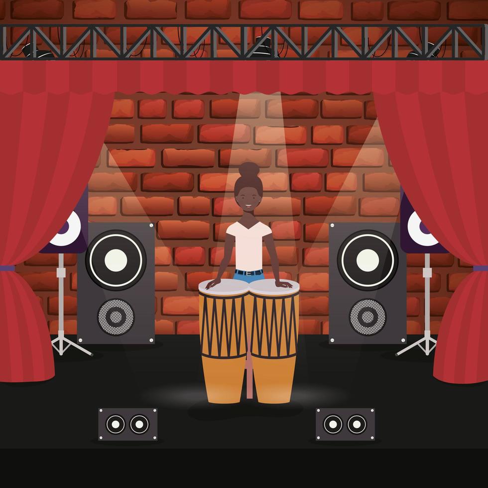 personagem de mulher afro tocando bateria vetor