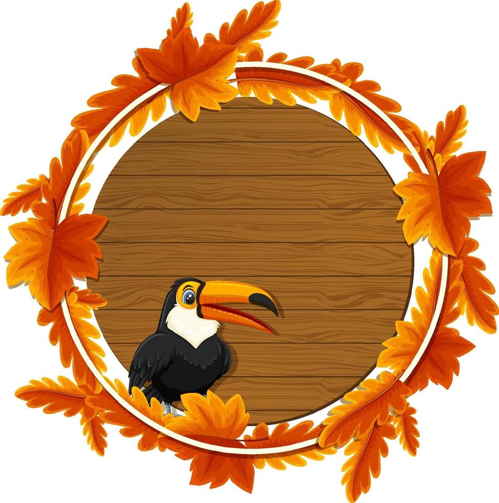 modelo de banner redondo de folhas de outono com um personagem de desenho animado tucano vetor