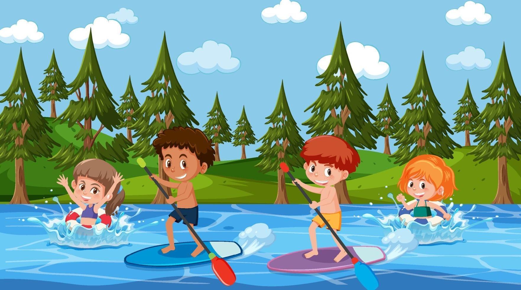 cena da floresta com crianças na prancha de surf no rio vetor