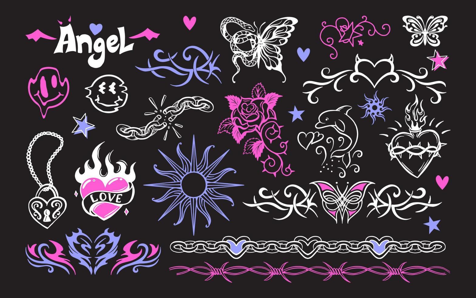 uma conjunto do temporário transferível retro tatuagens. menina emo estilo. coração, lâminas, rosas, corrente, borboleta, crânio vetor