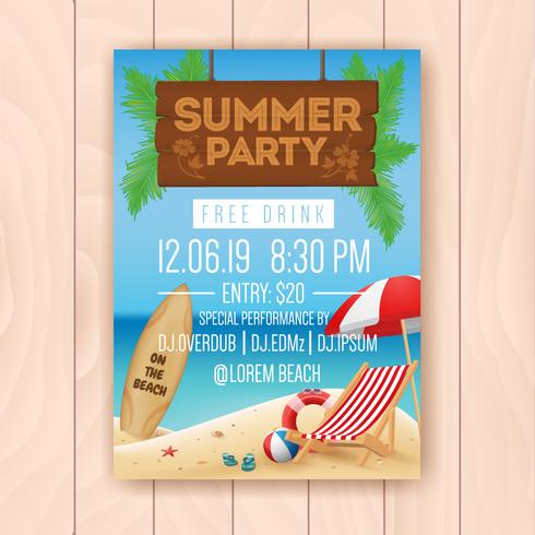Festa de verão publicidade design de cartaz com a tabuleta de suspensão vetor